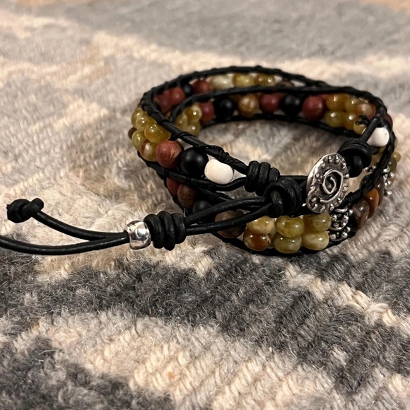 Double Wrap Leather Bracelet - Jasper, Jade, Onyx, Artisan Button Clasp -UNISEX - Picture 2 of 10